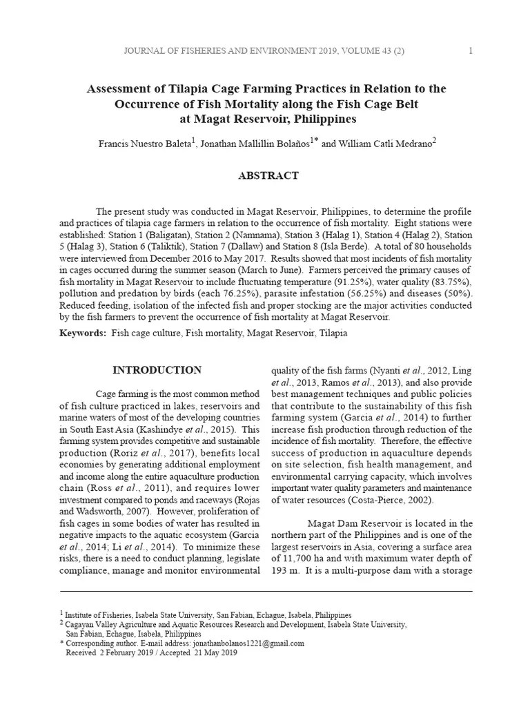 Assessment Of Tilapia Cage Farming Practices In Relation To The ...