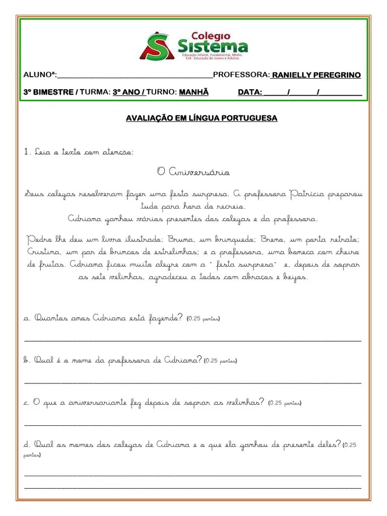 Prova 3º Ano | PDF