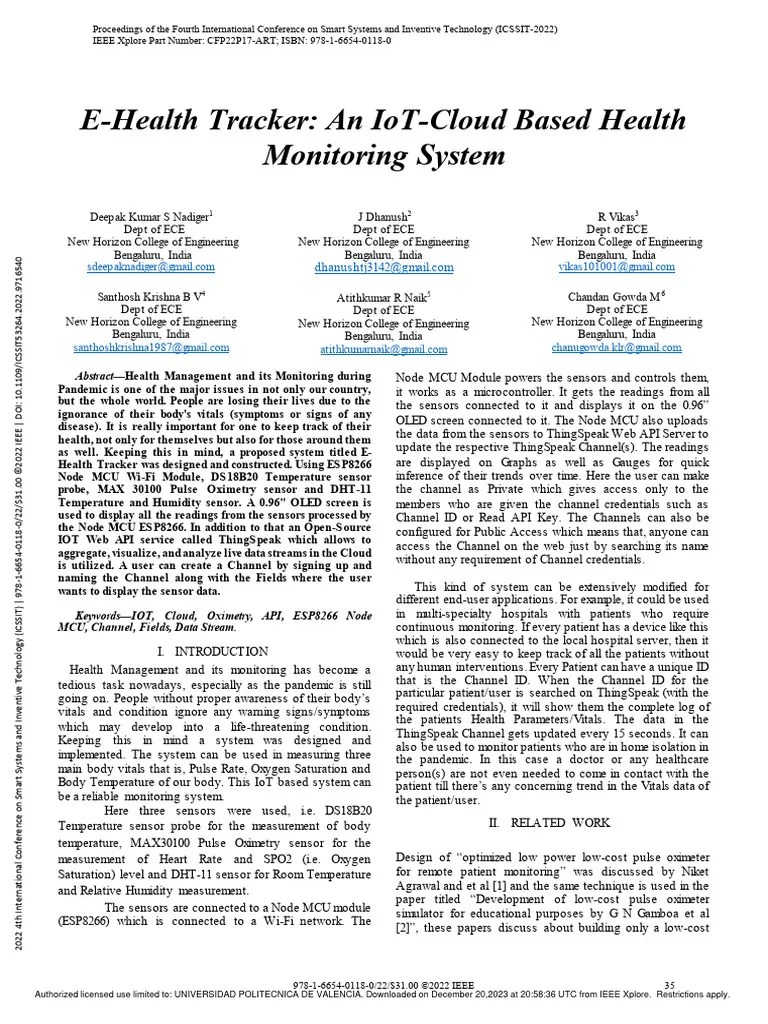 E-Health Tracker An IoT-Cloud Based Health Monitoring System | PDF