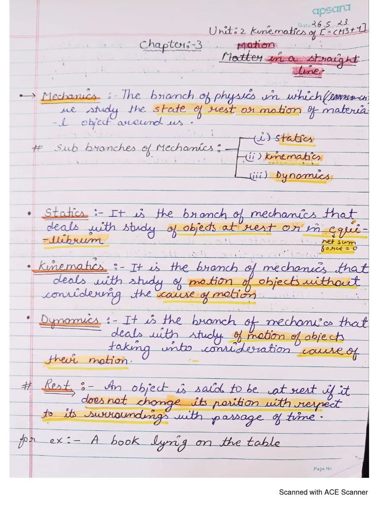Motion In A Straight Line Full Chapter Notes PDF | PDF