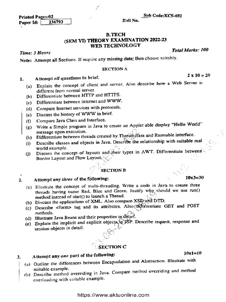 Btech Cs 6 Sem Web Technology Kcs 602 2023 | PDF