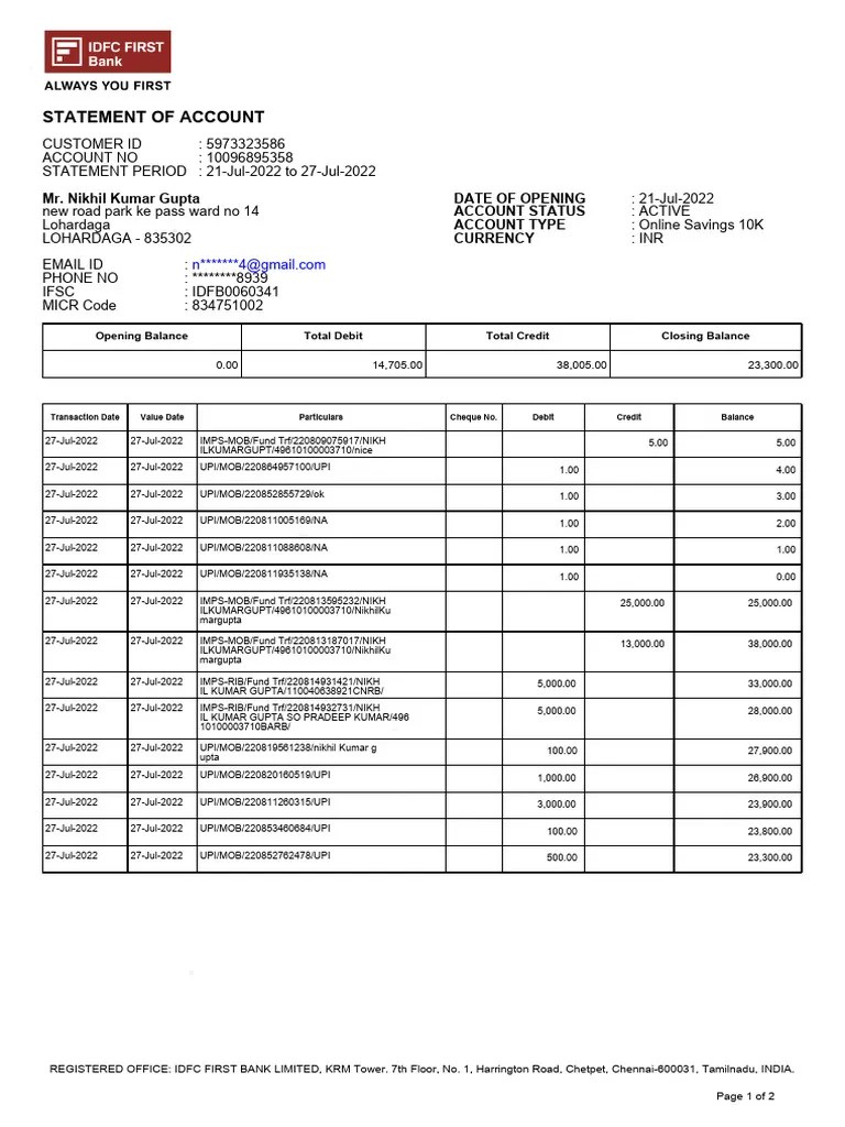 IDFCFIRSTBankstatement 10096895358 | PDF | Banks | Debit Card