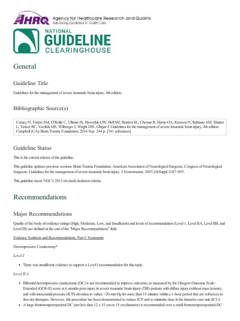 Guidelines For The Management Of Severe Traumatic Brain Injury, 4th ...