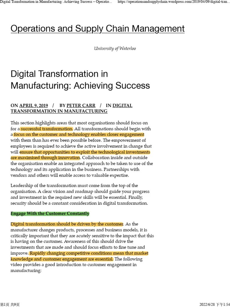 Digital Transformation In Manufacturing Achieving Success - Operations ...