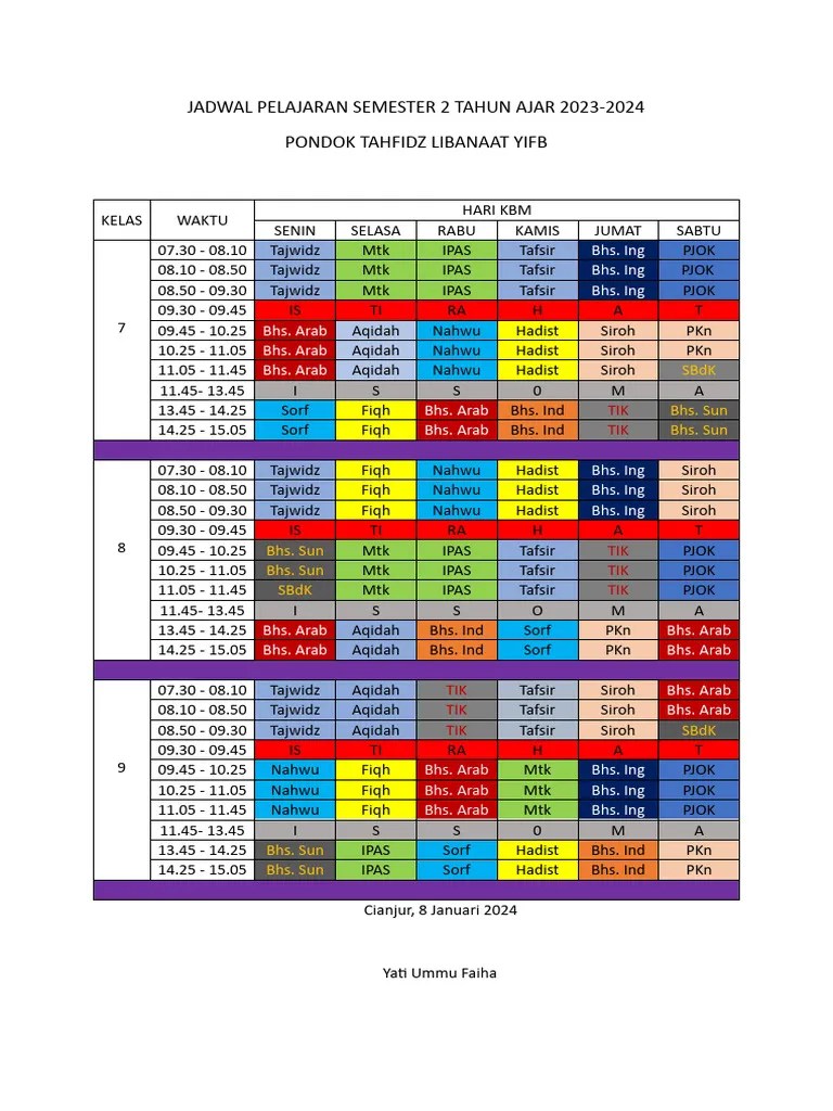 Jadwal Pelajaran Semester 2 Tahun Ajar 2023-1 | PDF