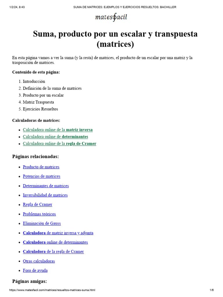 Suma De Matrices - Ejemplos Y Ejercicios Resueltos | PDF | Matriz ...