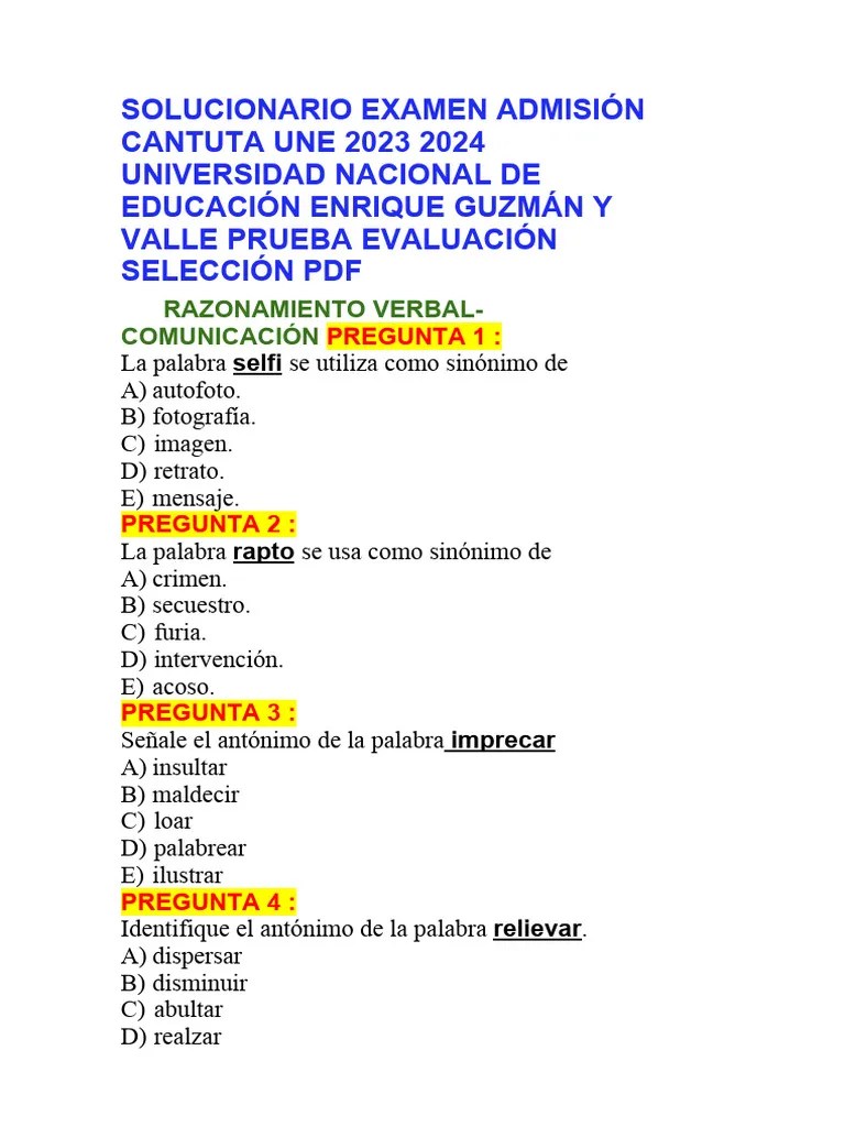 Solucionario Examen Admision Cantuta Une 2023 2024 Universidad Nacional ...
