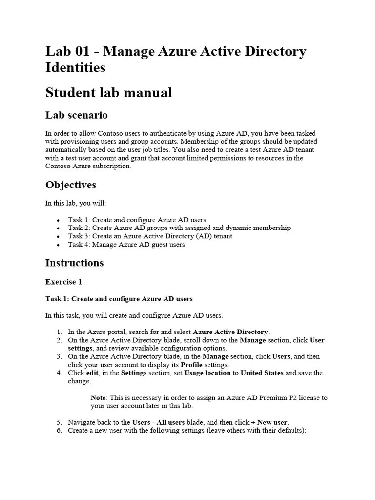 LAB 01-Manage Azure AD Identities | PDF | Active Directory | User ...