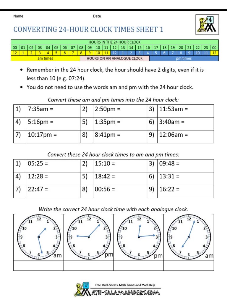 24 Hour Clock Conversion Guide Pdf Science Mathematics