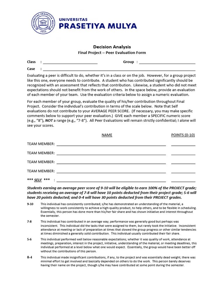 DA Peer Evaluation Form Final Project | PDF | Cognition | Psychology