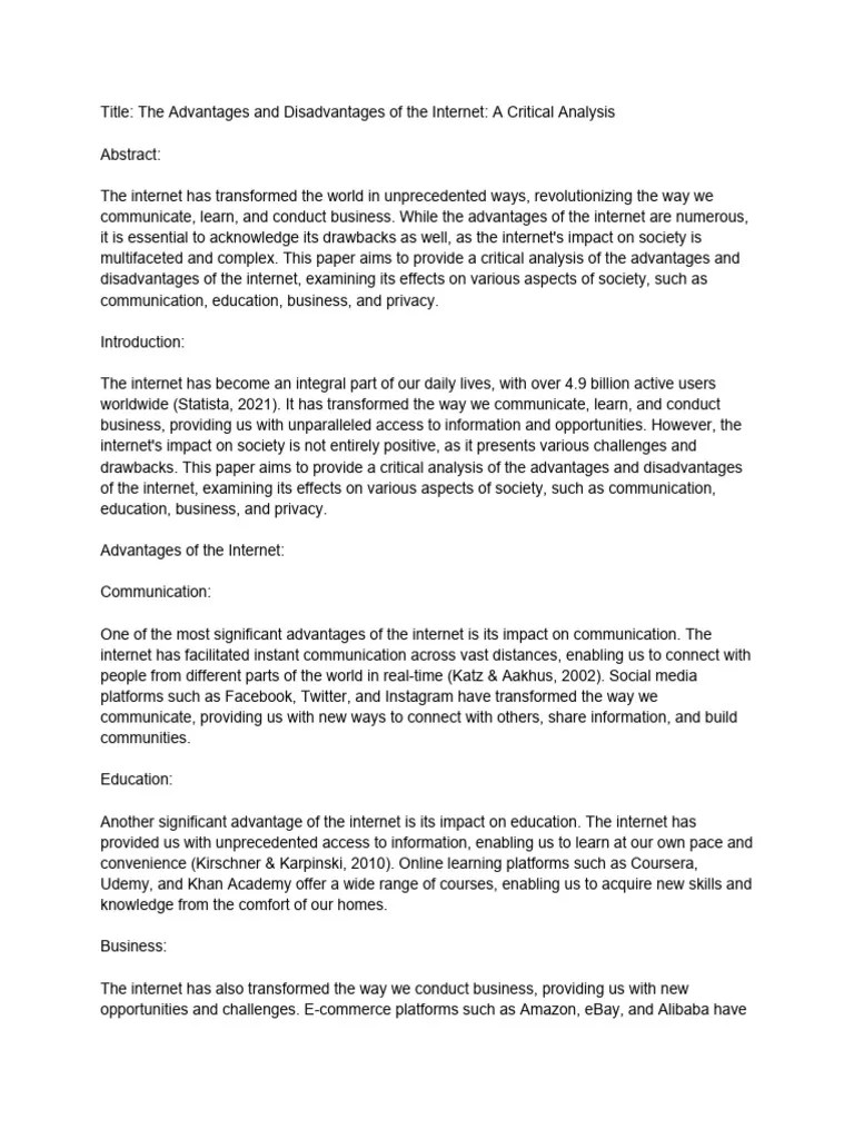 Title - The Advantages And Disadvantages Of The Internet - A Critical ...