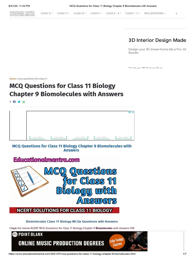 MCQ Questions For Class 11 Biology Chapter 9 Biomolecules With Answers | PDF | Enzyme | Enzyme ...