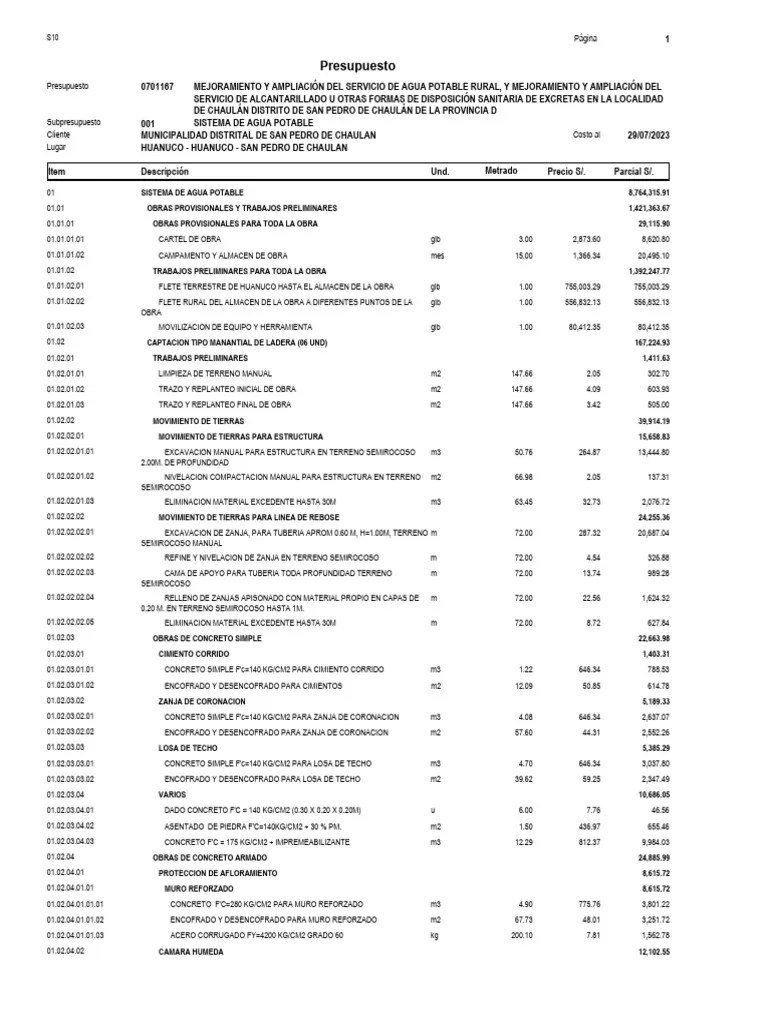1. PRESUPUESTO - SISTEMA DE AGUA POTABLE | PDF | Hormigón | Elementos Arquitectónicos