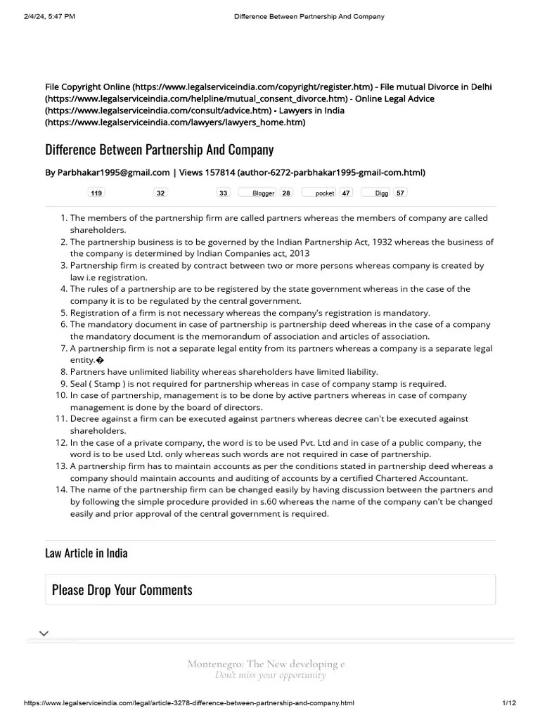 002'Difference Between Partnership And Company | PDF | Partnership | Companies