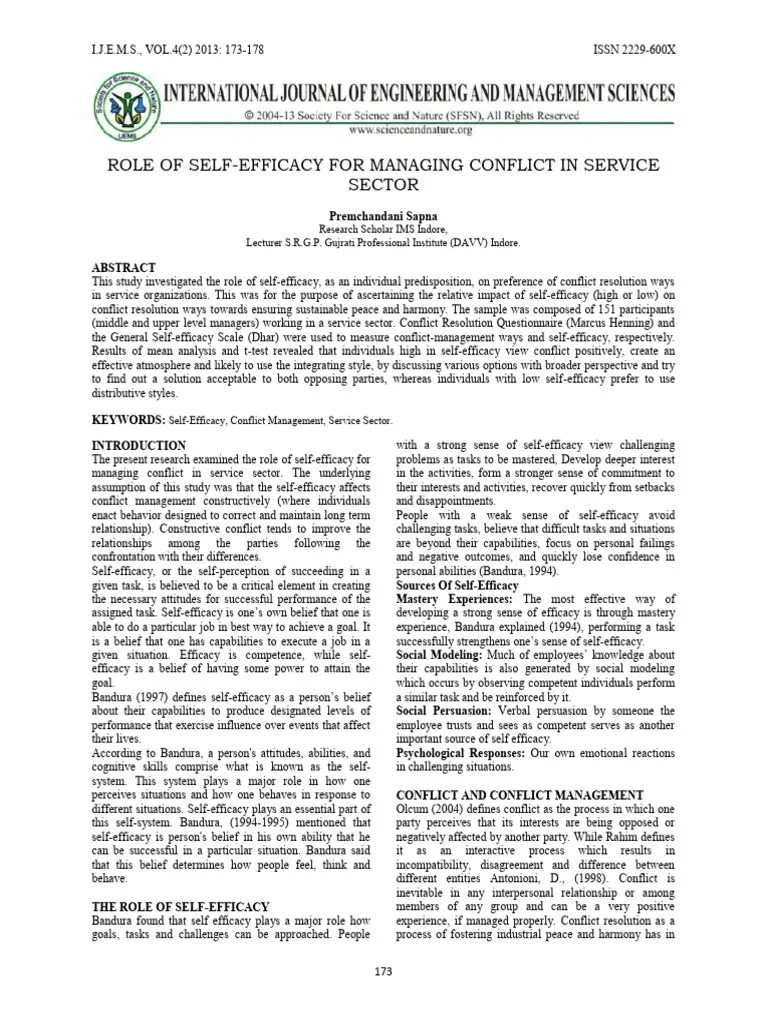 Role Of Self-Efficacy For Managing Conflict In Service | PDF | Self ...