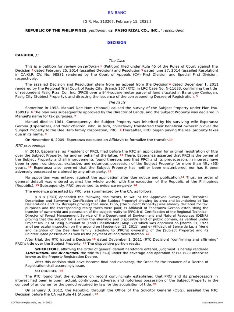 G.R. No. 213207 - Republic V. Pasig Rizal Co., Inc | PDF | Property | Adverse Possession