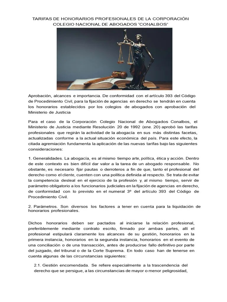 Tarifas De Honorarios Profesionales De La Corporación Colegio Nacional De Abogados 