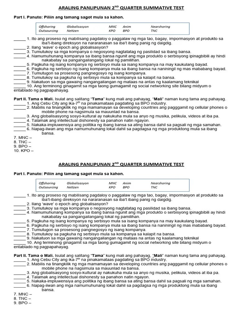 Ap 10-2ND Quarter Summative Test | PDF