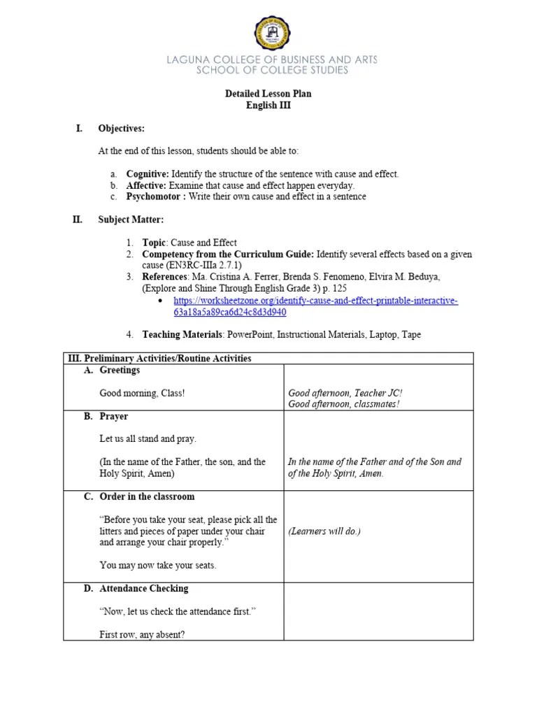 Cause And Effect Detailed Lesson Plan Grade 3 | PDF | Lesson Plan | Behavior Modification