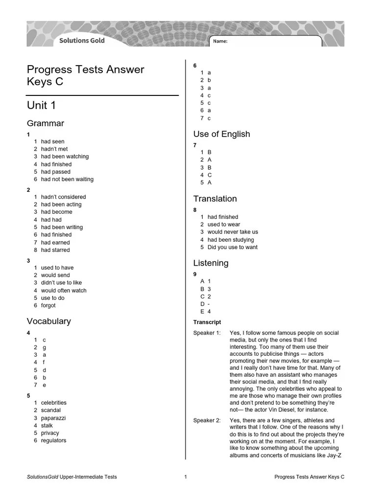 U1 Progress Tests C Answer Key | PDF