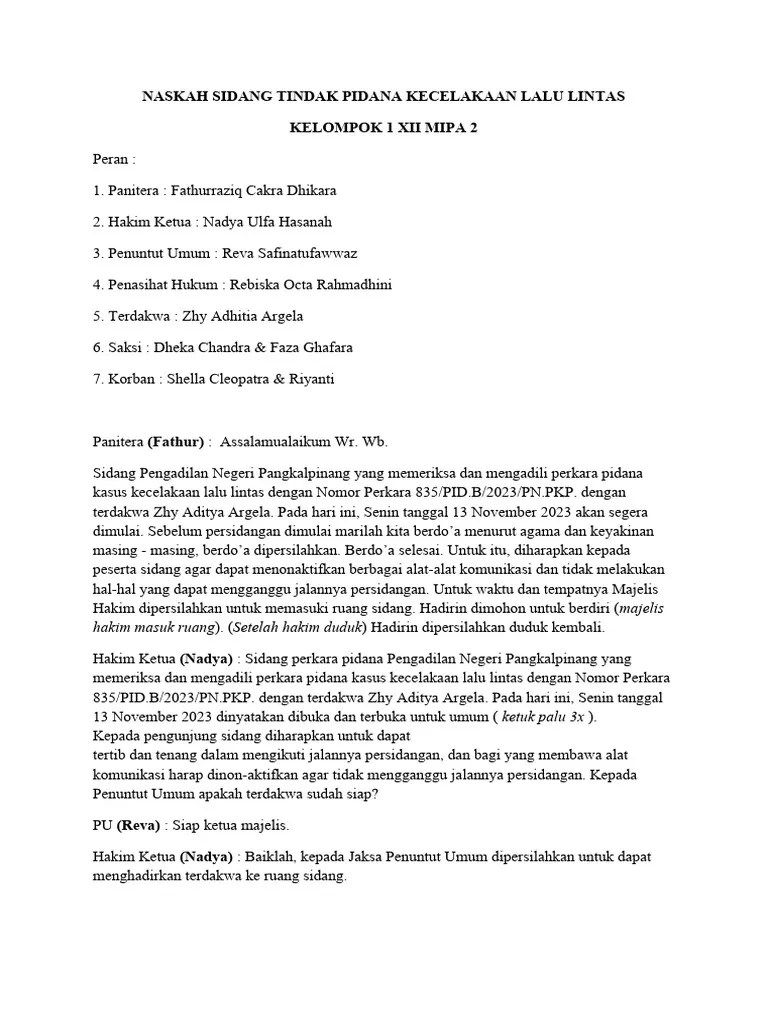 Naskah Sidang Tindak Pidana Kecelakaan Lalu Lintas | PDF