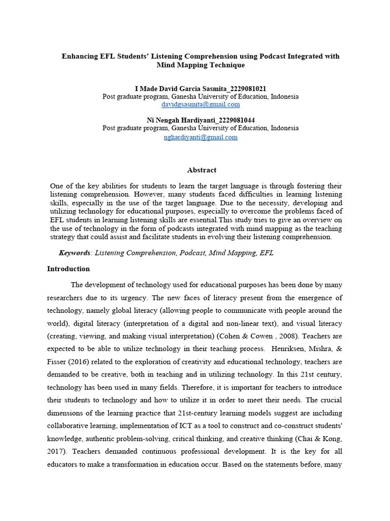 Enhancing EFL Students' Listening Comprehension Using Podcast Integrated With Mind Mapping ...