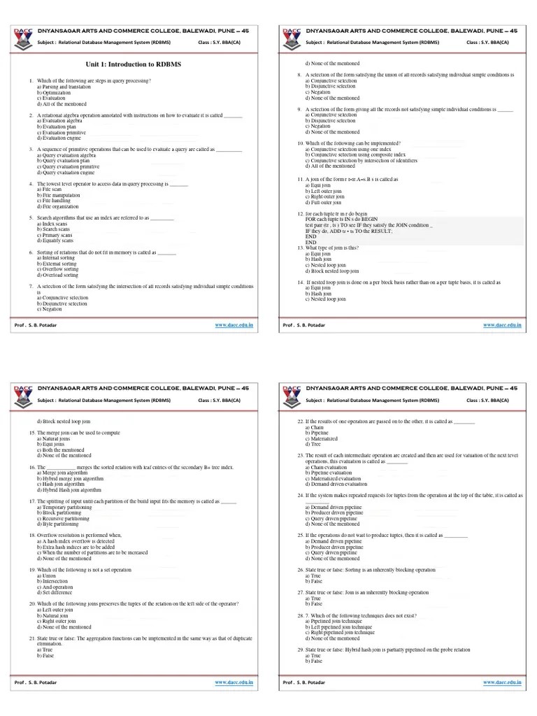 Relational Database Management System Rdbms Solved Mcqs | PDF | Computers