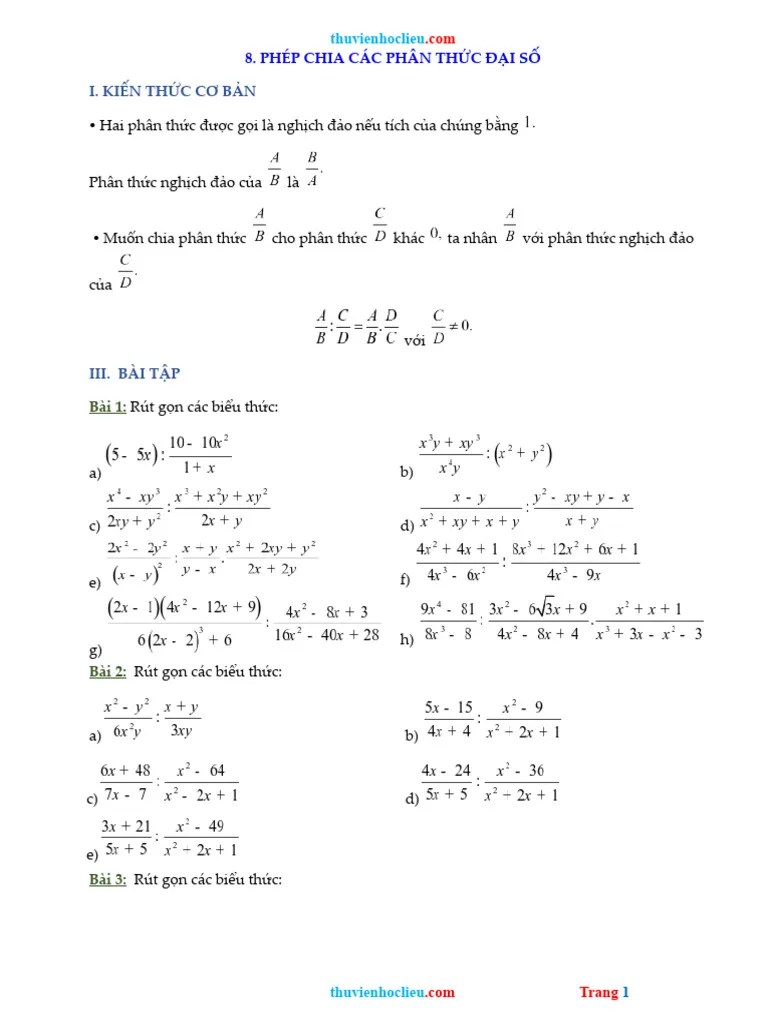 Bai Tap Toan Lop 8 PHEP CHIA CAC PHAN THUC DAI SO | PDF
