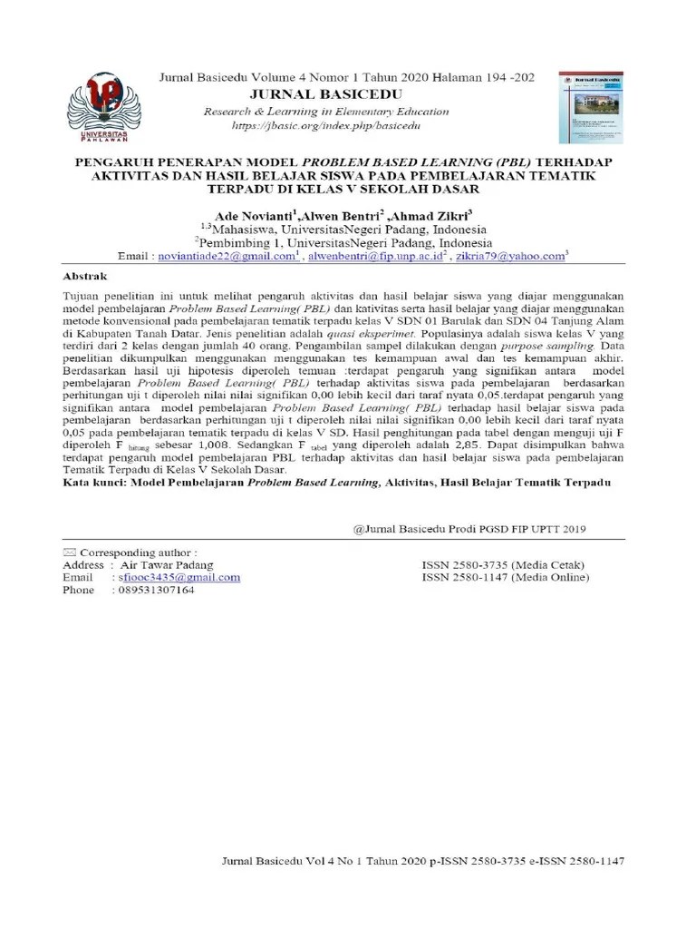 View Of PENGARUH PENERAPAN MODEL PROBLEM BASED LEARNING (PBL) TERHADAP ...