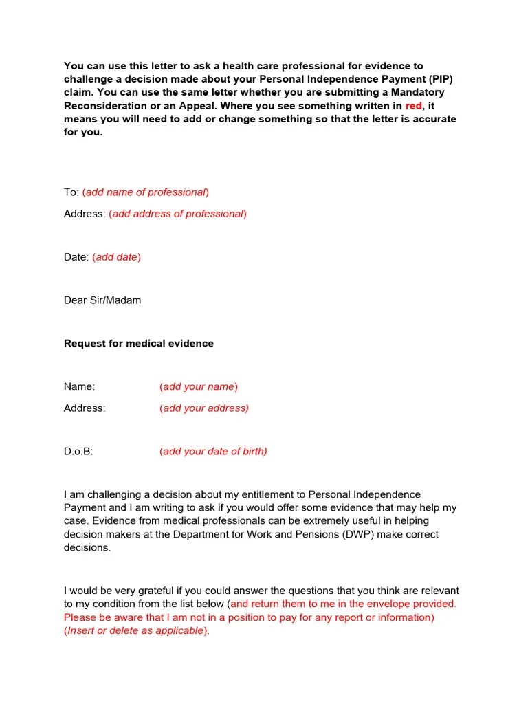 PIP Challenging Decision Sample Letter | PDF | Health Care | Social ...