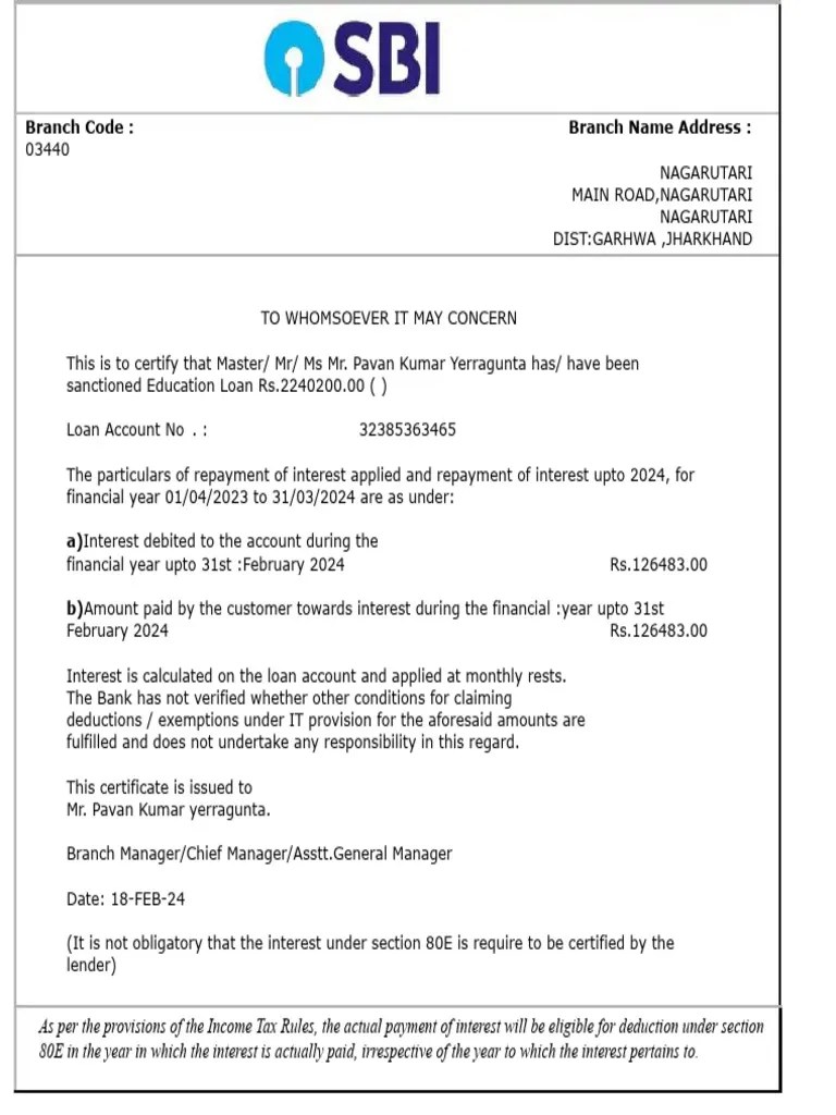 Education loan interest certificate