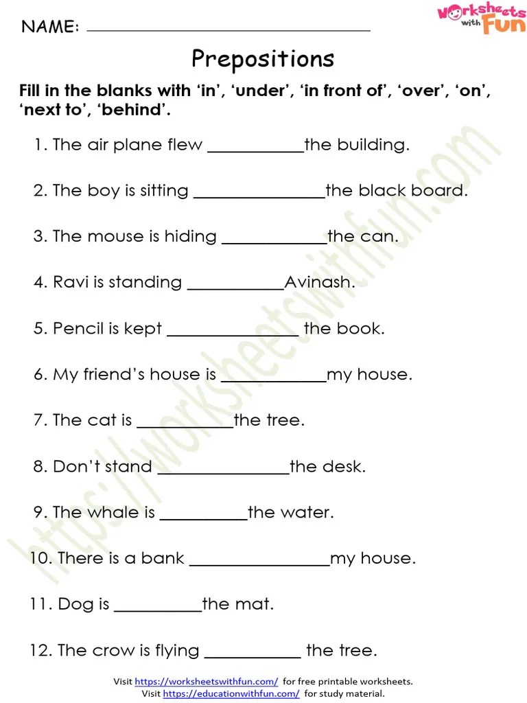 Prepositions Worksheet 2 | PDF