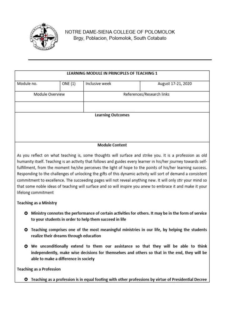Principles Of Teaching Module | PDF | Learning | Teachers