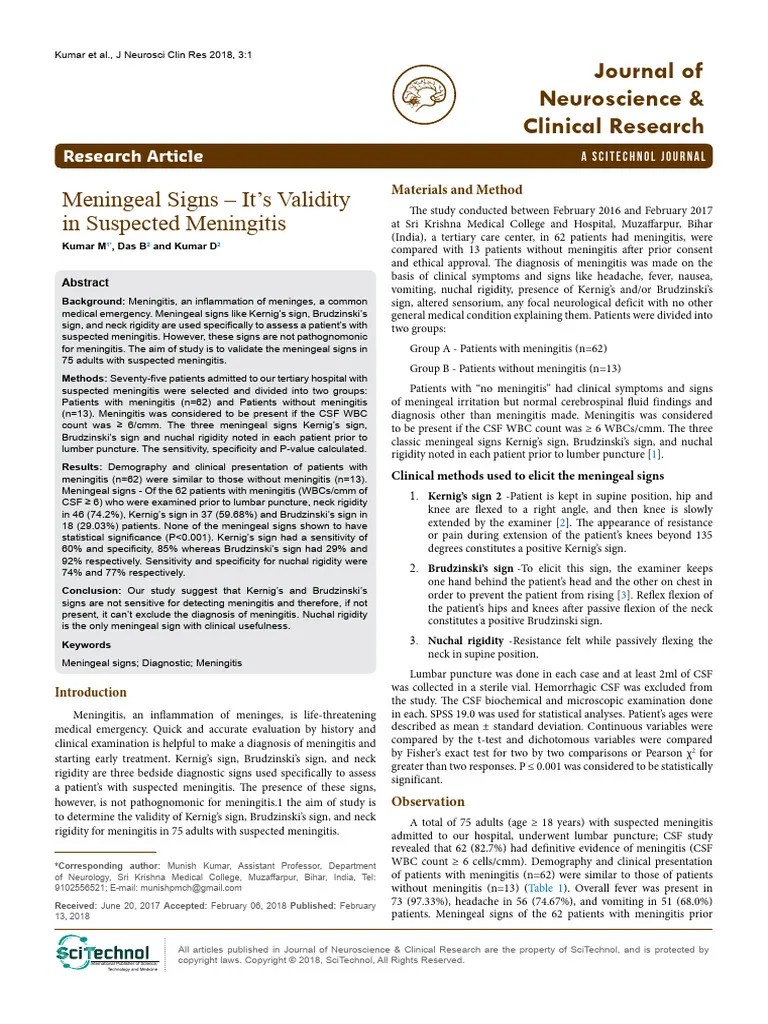 Meningeal Signs Its Validity In Suspected Meningitis 0i3y | PDF | Meningitis | Human Diseases ...