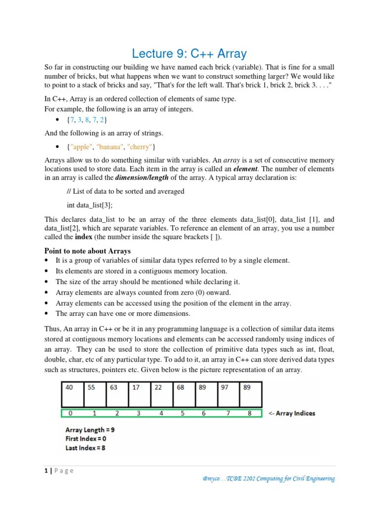 Lecture 9-C++ Arrays | PDF | Pointer (Computer Programming) | Computer ...