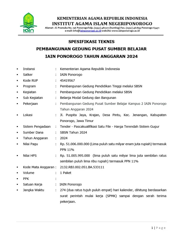 Spesifikasi Teknis Pembangunan Gedung PSB | PDF