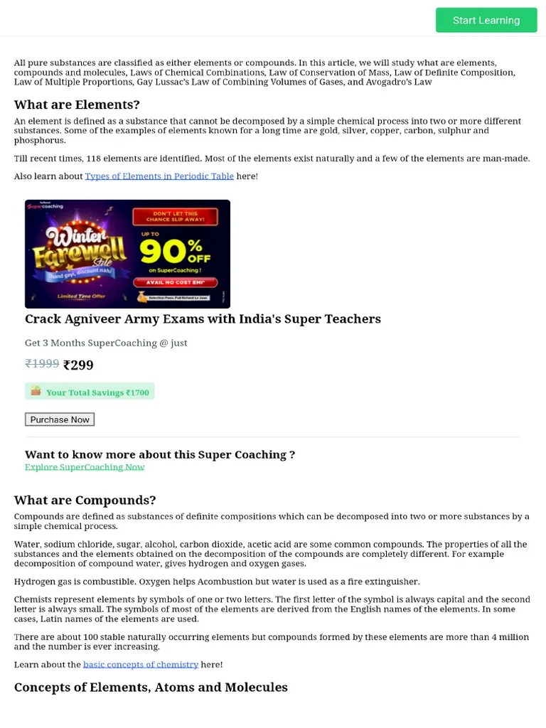 Elements, Compounds, And Molecules With Basic Concepts Of Chemistry | PDF