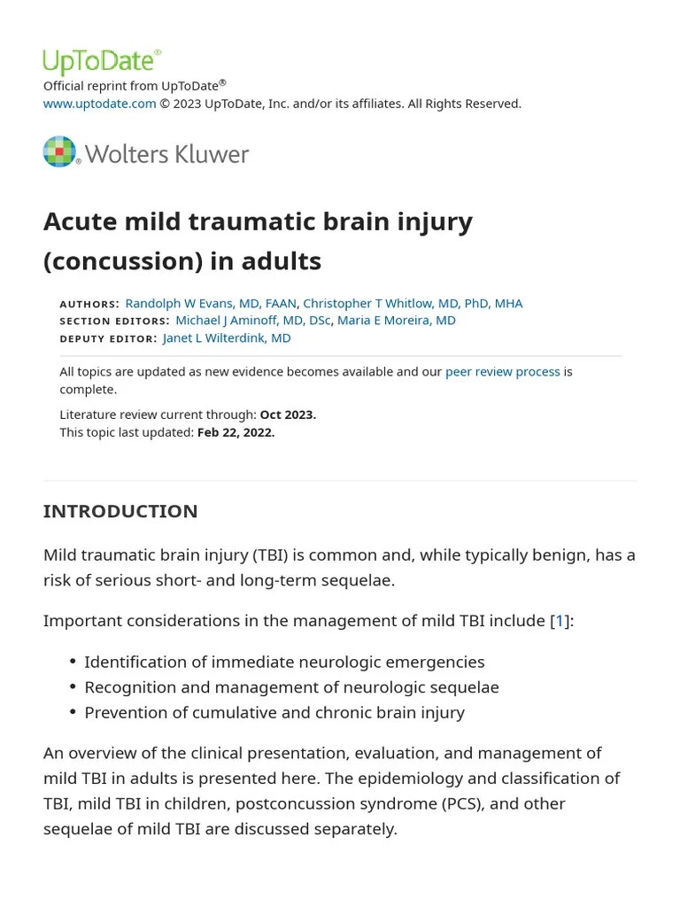 Acute Mild Traumatic Brain Injury (Concussion) In Adults - UpToDate ...