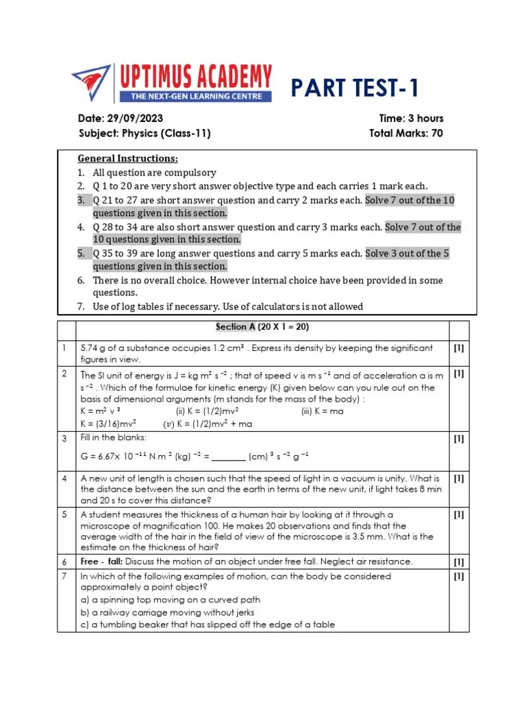 Phy - Class 11 Part Test-1 | PDF | Velocity | Force