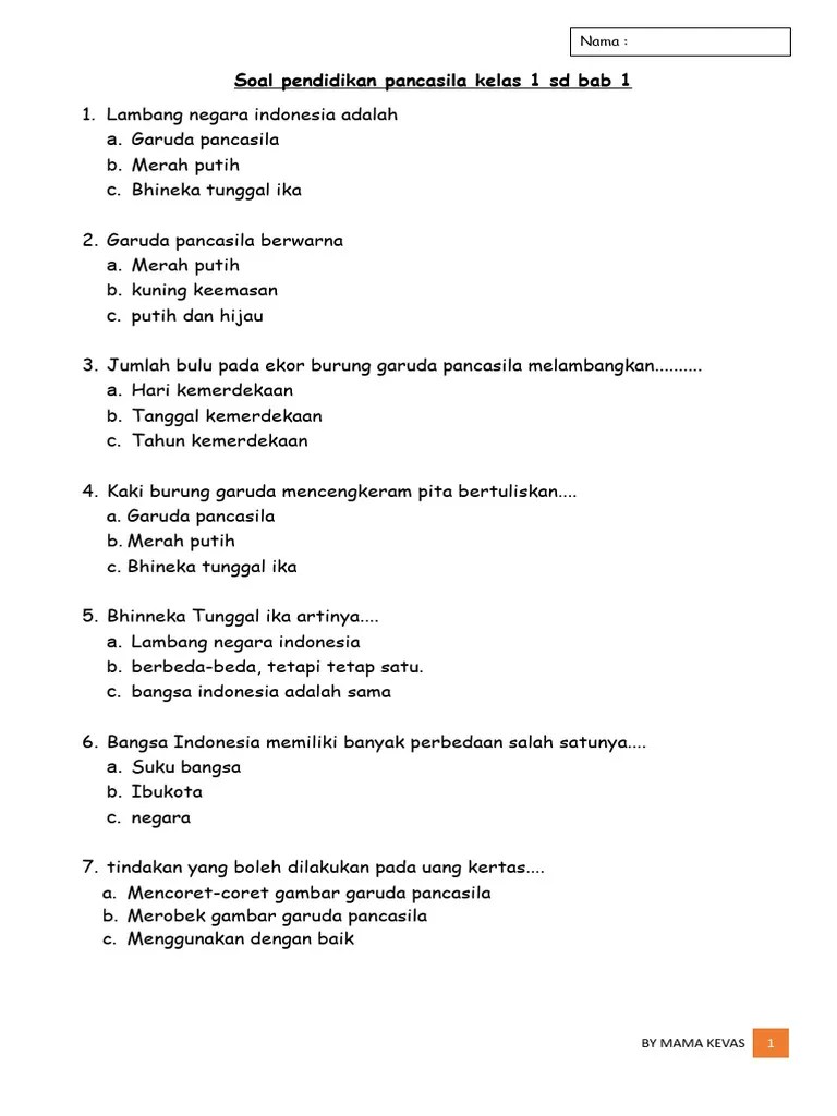 Soal Pendidikan Pancasila Kelas 1 SD Bab 1 | PDF | Griya & Taman