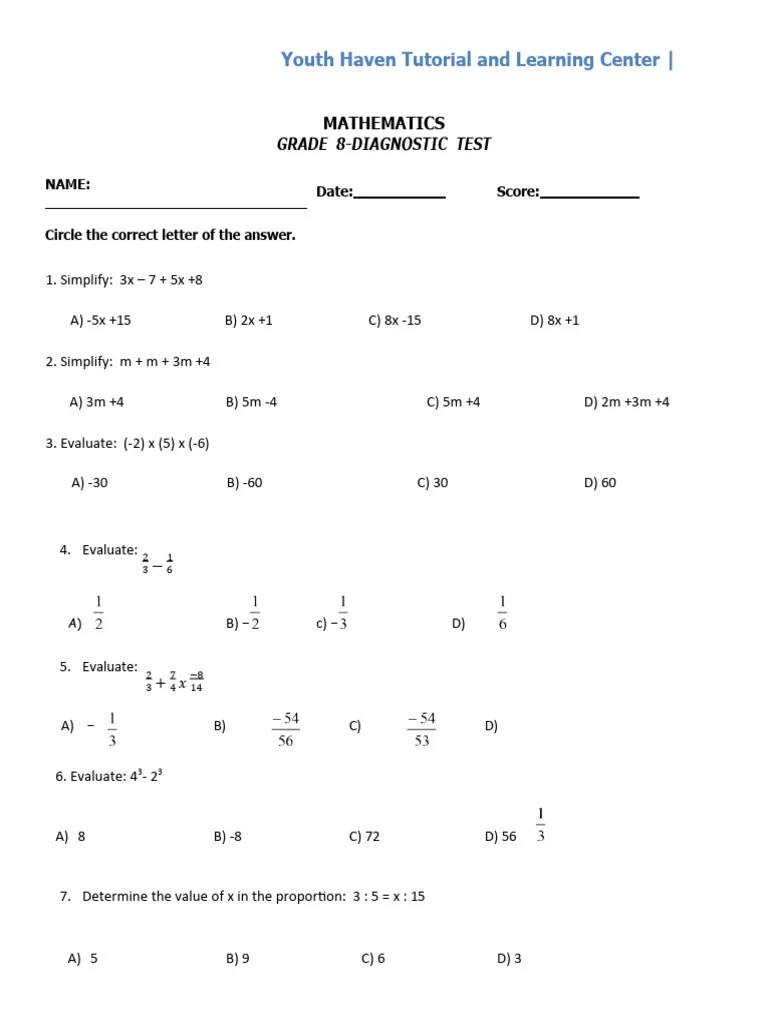 Diagnostic Test Grade 8 | PDF | Foot (Unit) | Numbers