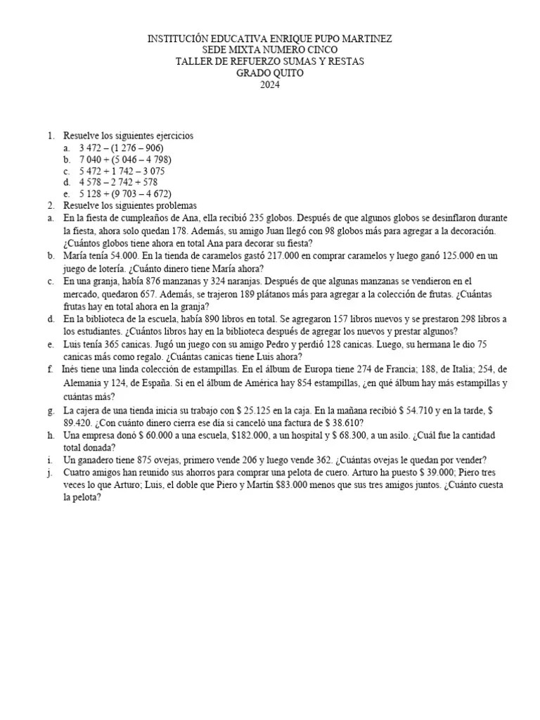 Taller De Refuerzo Sumas Y Restas Grado 5 | PDF