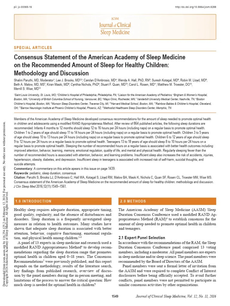 Consensus Statement Of The American Academy Of Sleep Medicine On The Recommended Amount Of Sleep ...