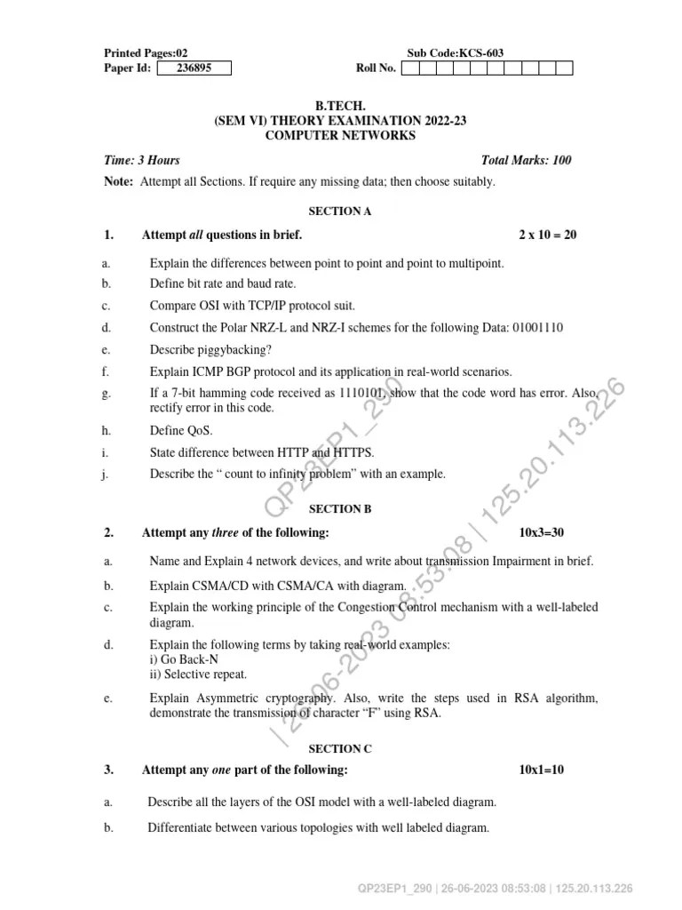 Btech Cs 6 Sem Computer Networks Kcs 603 2023 | PDF | Computing ...