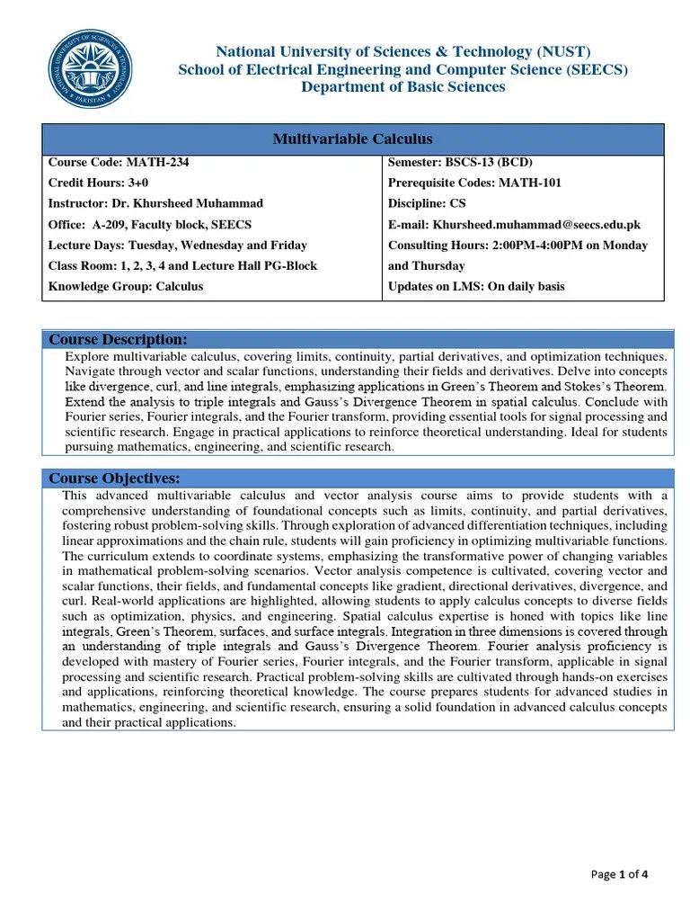 Course Outline MATH-234 Multivariable Calculus | PDF | Integral ...