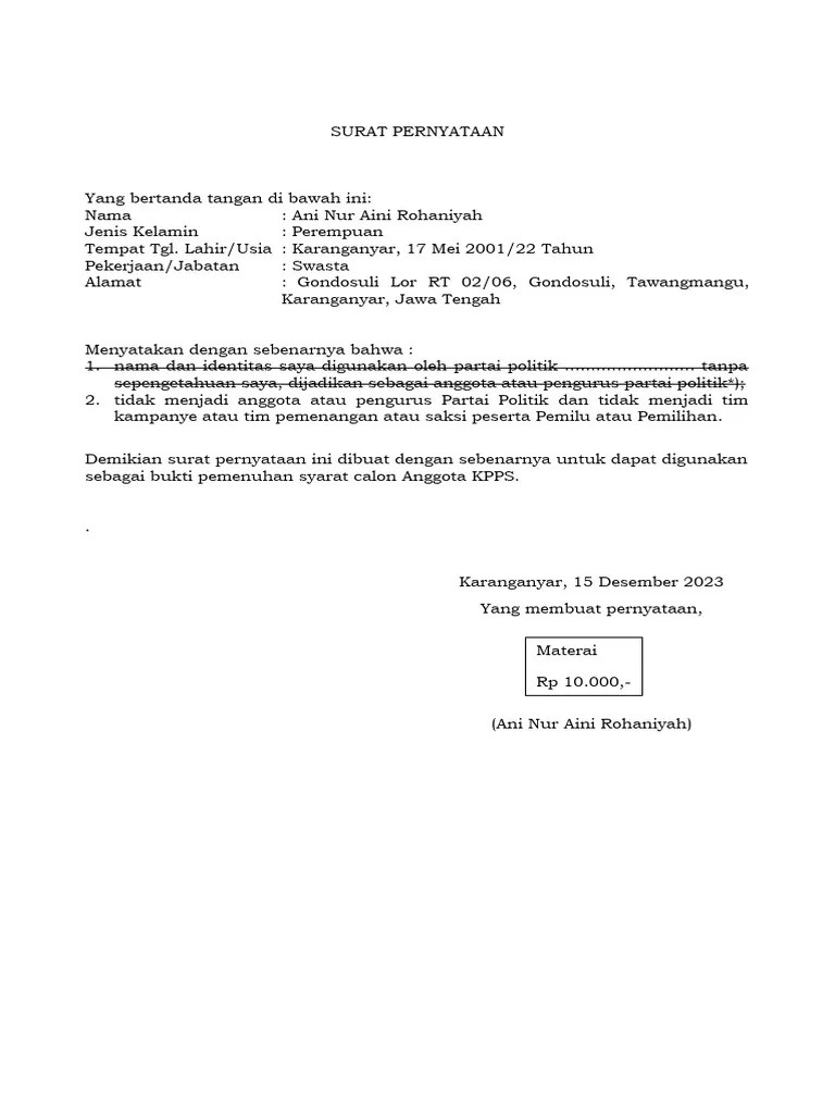 Surat Pernyataan Terdata Parpol Silon | PDF