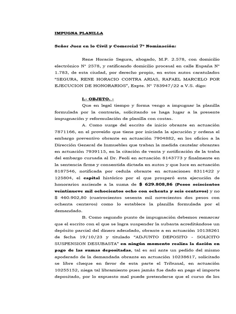 EJECUCION DE HONORARIOS Impugna Planilla | PDF