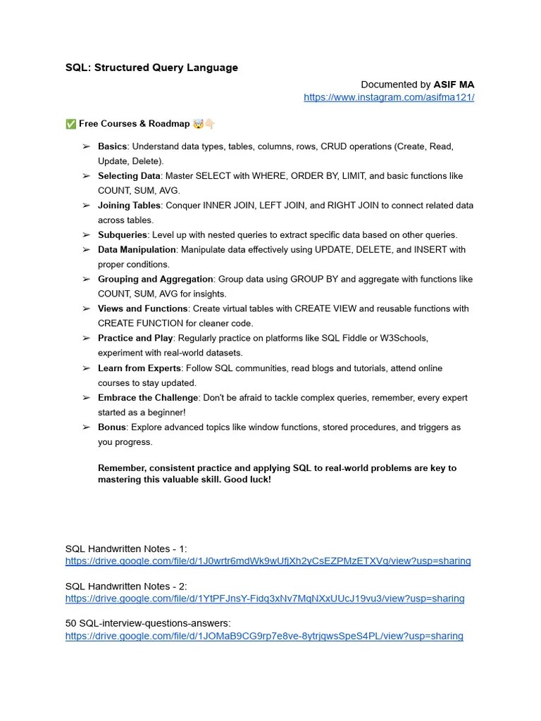 Free SQL Roadmap & Resources | PDF | Sql | Cybernetics