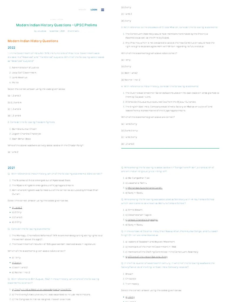 Modern Indian History Questions - UPSC Prelims | PDF | British Raj ...