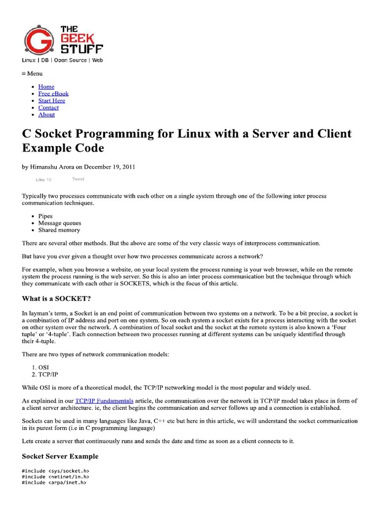 C Socket Programming For Linux With A Server And Client Example Code | PDF